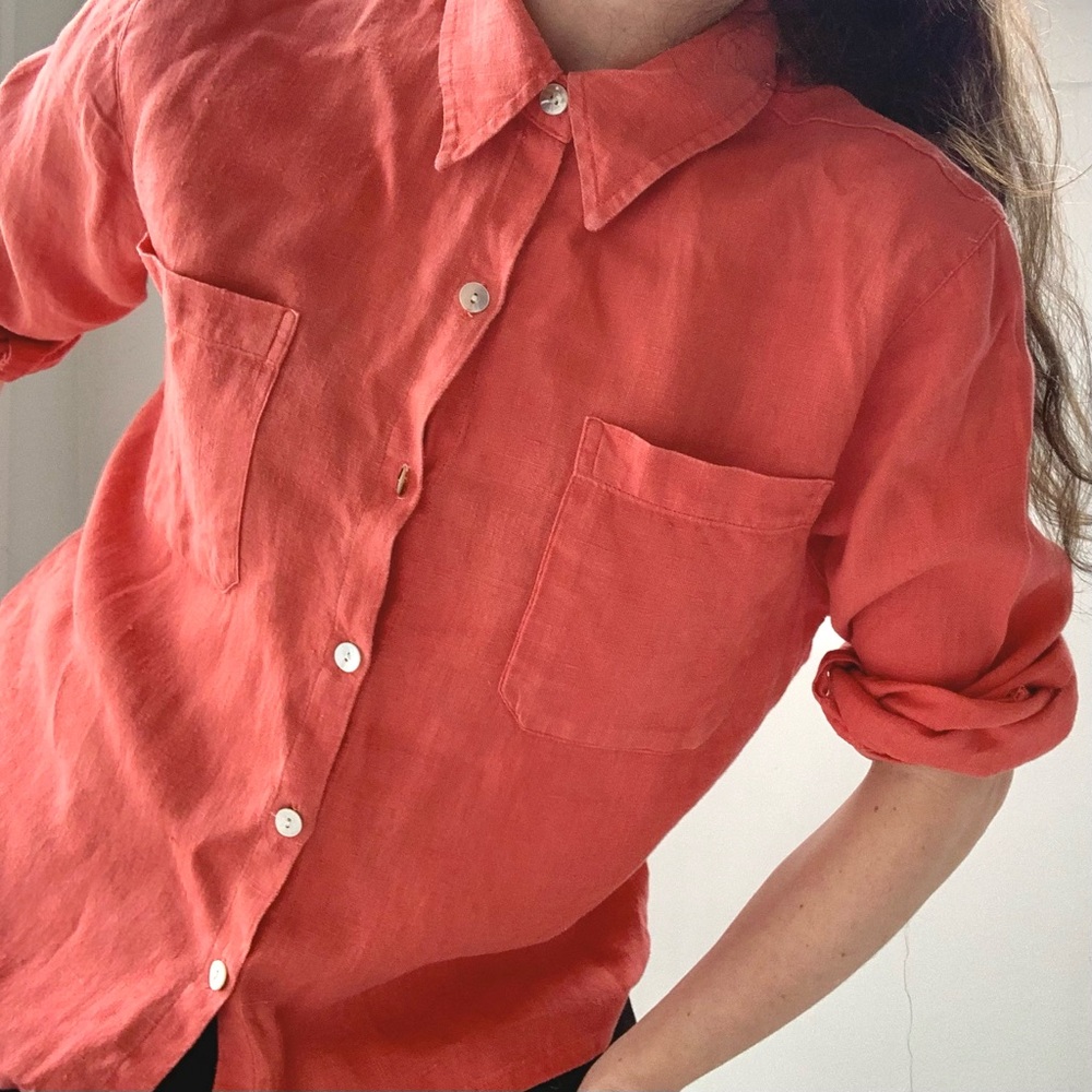 Vintage 90s Chico’s linen button up shirt, coral color